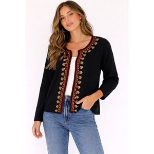 Pearl Spano Embroidered Cardigan Sweater Womens‎ S Black Floral Boho